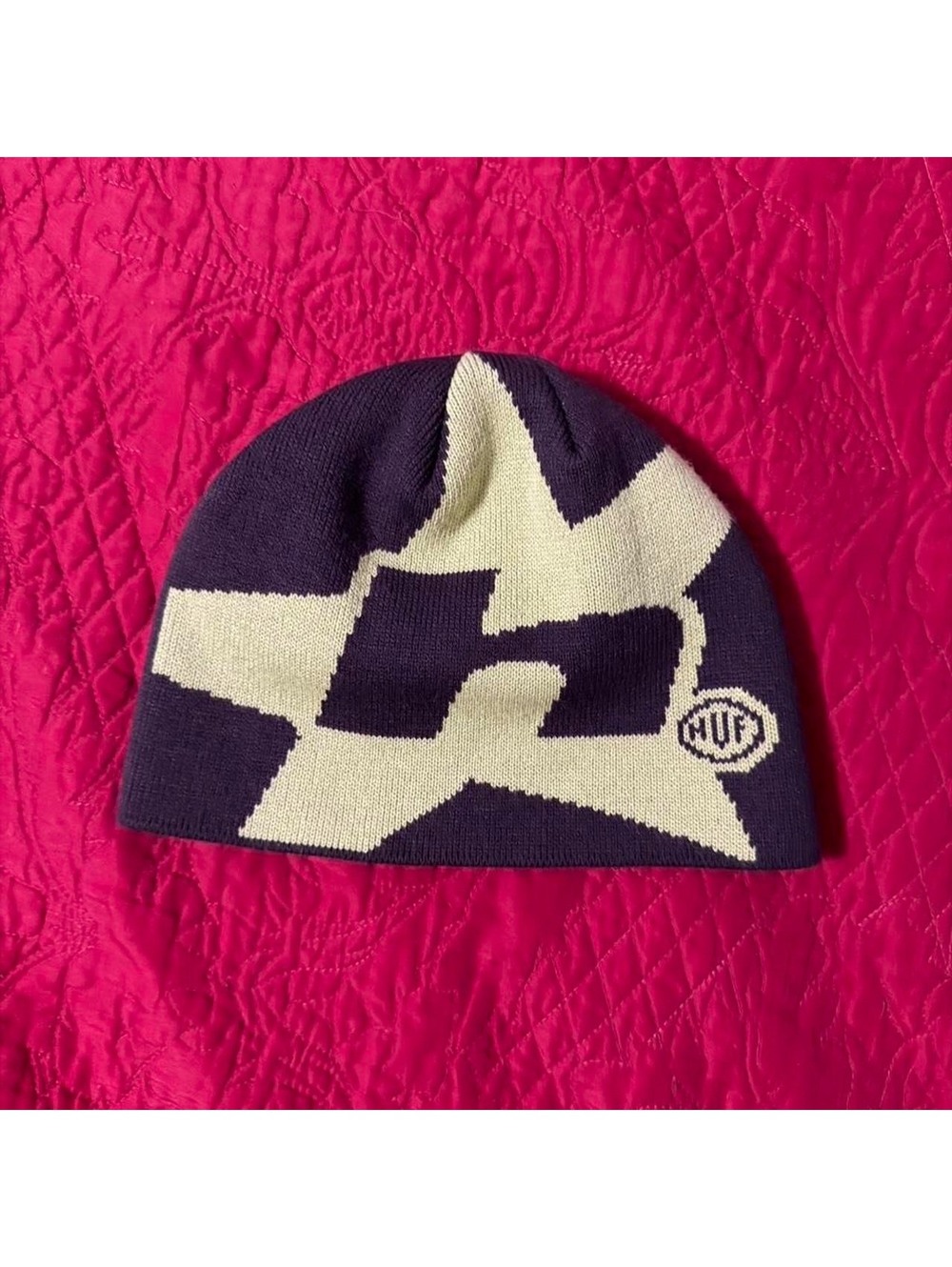 HUF knit beanie hat purple and cream